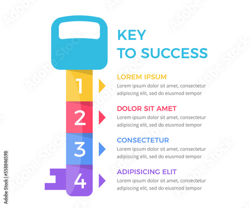 Infographic template with key divided on 4 segments, key to success concept