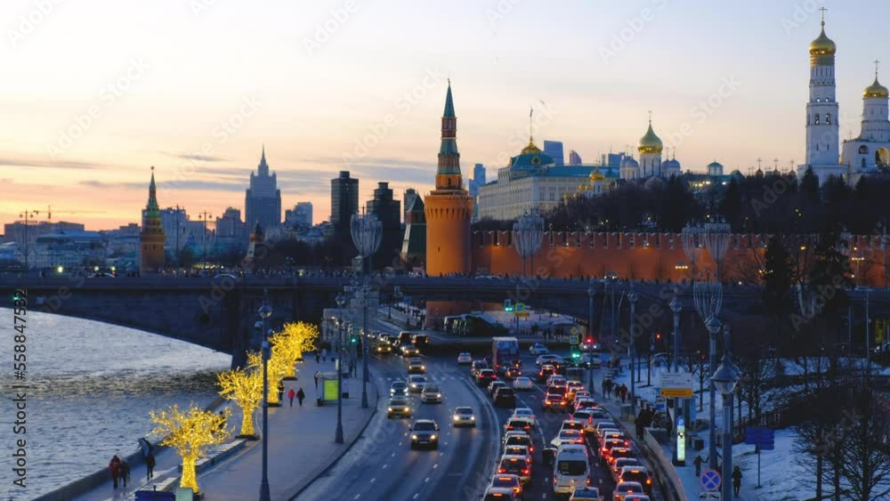 Moscow. Russia. January 01, 2023: Moscow Kremlin, moscow river, Bolshoy kamenny bridge. Festive New Year's illumination. Winter view