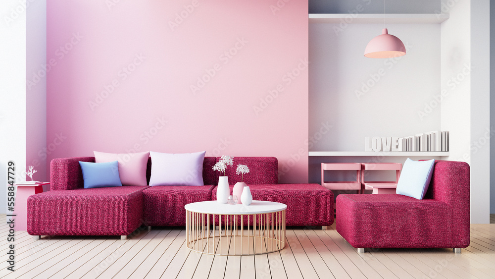 viva magenta pink red living room interior for valentine - 3D 

rendering - obrazy, fototapety, plakaty 