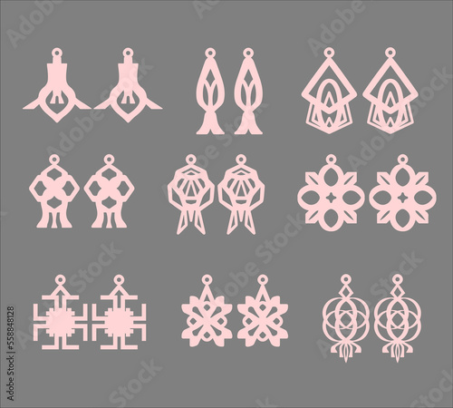 A collection of Earrings templates with geometric and abstract shapes. Isolated stencils pattern suitable for handmade work, laser cutting and printing. Jewelry Template.
