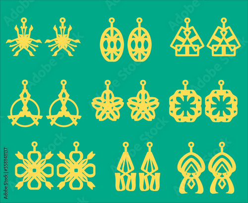 A collection of Earrings templates with geometric and abstract shapes. Isolated stencils pattern suitable for handmade work, laser cutting and printing. Jewelry Template.
