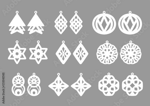 A collection of Earrings templates with geometric and abstract shapes. Isolated stencils pattern suitable for handmade work, laser cutting and printing. Jewelry Template.