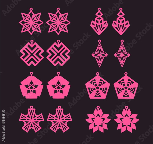 A collection of Earrings templates with geometric and abstract shapes. Isolated stencils pattern suitable for handmade work, laser cutting and printing. Jewelry Template.