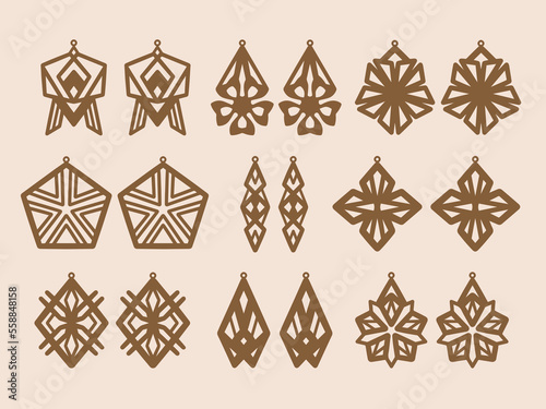 A collection of Earrings templates with geometric and abstract shapes. Isolated stencils pattern suitable for handmade work, laser cutting and printing. Jewelry Template.