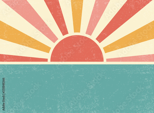 Retro sunburst background. Vintage bright grunge placard. Vector horizontal illustration for banner, poster and backdrop
