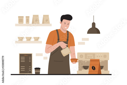 Vector illustration of barista making coffee. Illustration for website, landing page, mobile app, poster and banner. Trendy flat vector illustration