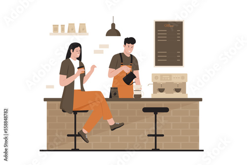 Vector illustration of male barista making coffee. Illustration for website, landing page, mobile app, poster and banner. Trendy flat vector illustration