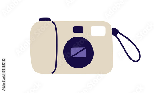 Compact camera, digital photo cam in retro style. Photography lens device of 00s. Photocamera, optical photographic gadget of 2000s. Flat vector illustration isolated on white background