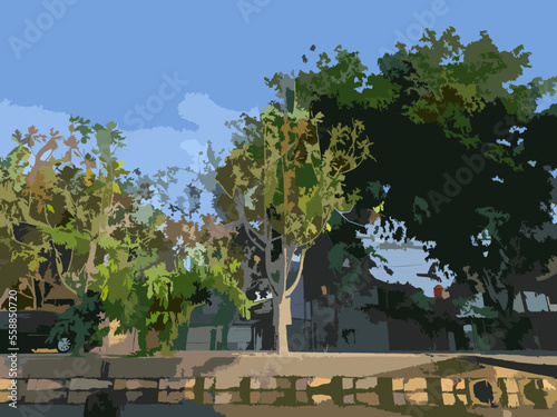 park in springhighway with bustling trees and by the river