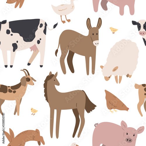 farm seamless pattern with domestic animal, country life digital paper, Vector illustration clipart in flat cartoon style © lyubovzaytseva