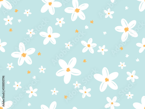 Seamless pattern with cute flower on green mint background vector illustration. Sweet floral print.