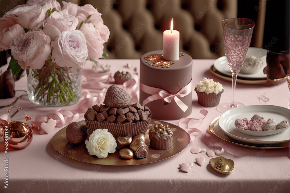 Valentine's day romantic scene with chocolates and flowers on the table - Generative AI Valentine's day romantic scene with chocolates and flowers on the table - Generative AI