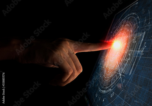 Businessman touching energy screen with finger. Technology concept. Glassmorphism style.