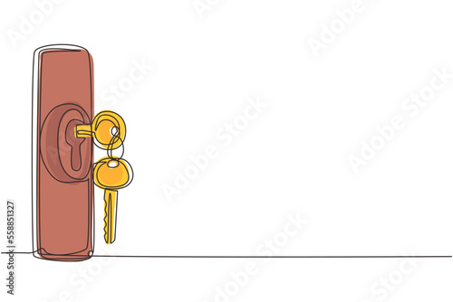 Single one line drawing keys stuck in lock in vintage style. Insert key into keyhole house. Open door. Real Estate concept, template for sales, rental, advertising. Continuous line draw drawing vector