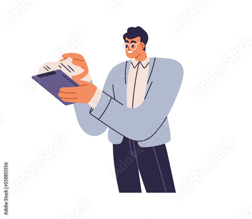 Happy businessman holding business documents. Employee, manager with report on clipboard. Man entrepreneur works with papers, contracts. Flat vector illustration isolated on white background