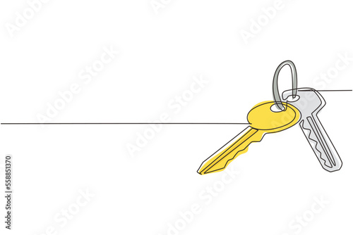 Continuous one line drawing house key with blank isolated on white background. Concept of privacy, security and protection. Vector illustration in flat trendy style. Single line draw design graphic