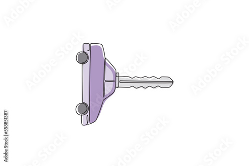 Continuous one line drawing car key with car shape. Keyring car and remote control key in vehicle interior. Modern car flip key isolated on white. Single line draw design vector graphic illustration