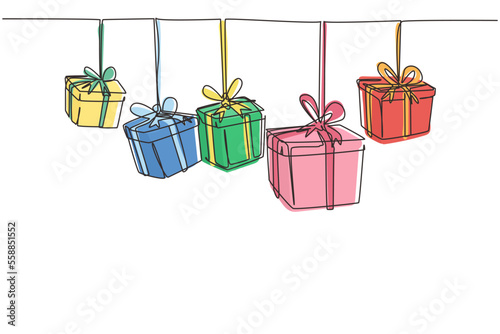 Continuous one line drawing template gifts box with party concept. Bday presents cardboard box or banner template with happy birthday typography. Single line draw design vector graphic illustration