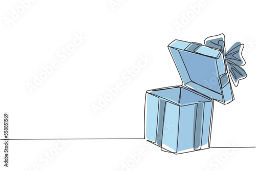 Single one line drawing open white gift box with ribbon and bow. Greeting present package. Decorative gift or cardboard box with bow. Modern continuous line draw design graphic vector illustration