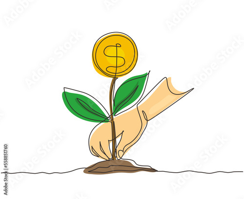 Continuous one line drawing young woman planting money tree in garden. money tree investment growth income interest savings economy funds market. Single line draw design vector graphic illustration