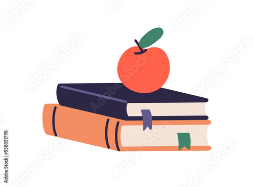 Books and apple. Physics subject concept. Academic science textbooks for education, study, knowledge. Literature, workbooks with bookmarks. Flat vector illustration isolated on white background