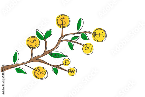 Continuous one line drawing dollar symbol hanging from tree branch. Money tree. Green cash banknotes with golden coins. Concept for return money investment. Single line draw design vector illustration