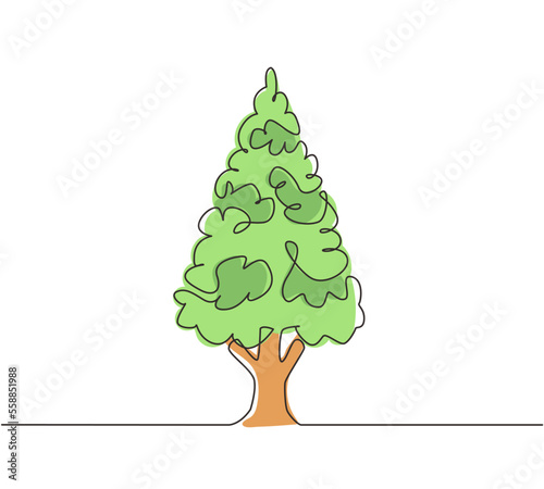 Single continuous line drawing spruces trees on green meadow in front view isolated, green dense spruce forest in summer sunny day, European forest. One line draw graphic design vector illustration