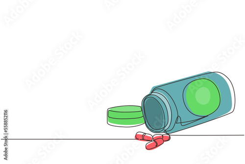 Continuous one line drawing plastic bottle of pills in isometric view. Tablet pills medical drug pharmacy care and tablet pills antibiotic pharmaceutical. Single line draw design vector illustration