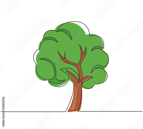 Single one line drawing green tree fertile on white background, trees for decorating garden and home designs. Earth day, ecology concept. Modern continuous line draw design graphic vector illustration