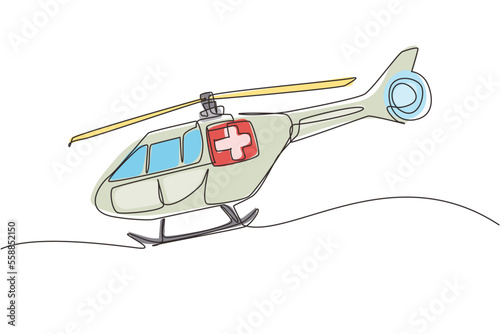 Single continuous line drawing ambulance helicopter. Medical evacuation helicopter. Healthcare, hospital and medical diagnostics. Urgency and emergency services. One line draw graphic design vector