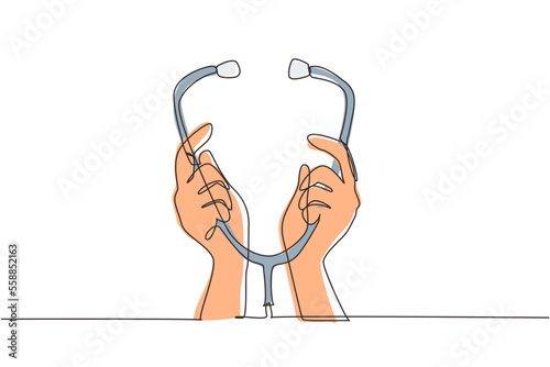 Continuous one line drawing medical background with hands holding stethoscope. Doctor hands raised up and holding stethoscope closeup. Medical help. Single line draw design vector graphic illustration