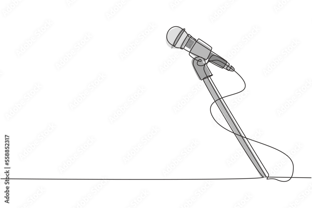 Obraz premium Single one line drawing stand with microphone on white background. Singer sing song with standing mic at music concert summer festival. Modern continuous line draw design graphic vector illustration