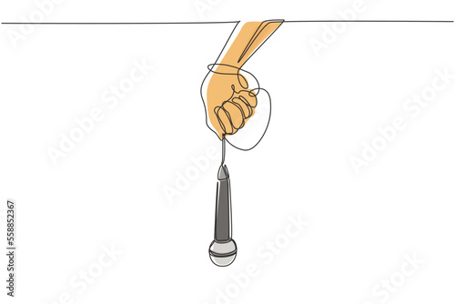 Single continuous line drawing hand holding microphone with lead wrapped around wrist. Man holding microphone in his hand at karaoke singer sings song. One line draw graphic design vector illustration