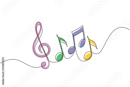 Continuous one line drawing music notes on stave. Musical symbol in one linear minimalist style. Trendy abstract wave melody. Vector outline sketch sound. Single line draw design graphic illustration