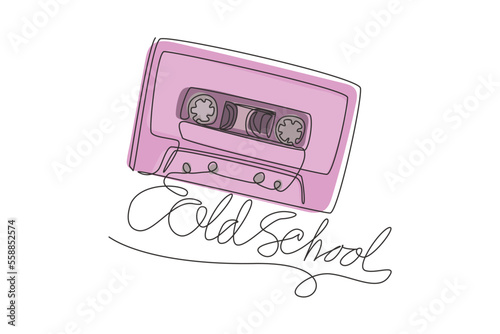 Continuous one line drawing old school slogan with cassette tape illustration. Audio cassette with retro symbol isolated on white background. Vintage music icon. Single line draw design vector graphic