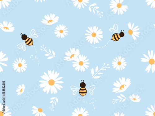 Seamless pattern with daisy flower and bee cartoons on blue background vector illustration. Cute floral print.