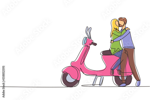 Single continuous line drawing scooter, travel, couple, adventure, ride concept. Family couple travel by scooter. Happy Arab man and woman ride motorcycle. Dynamic one line draw graphic design vector