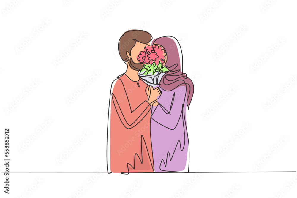 Continuous one line drawing young Arabic couple hugging and kissing behind bouquet of flowers. Happy man and woman celebrating wedding anniversary. Single line draw design vector graphic illustration Continuous one line drawing young Arabic couple hugging and kissing behind bouquet of flowers. Happy man and woman celebrating wedding anniversary. Single line draw design vector graphic illustration