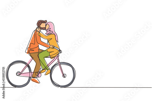 Single one line drawing active Arabian couple riding on bike together. Happy enamored man and woman cyclist hugging feeling love. Smiling people enjoying outdoors activity. Continuous line draw design