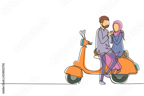 Continuous one line drawing Arabian riders couple trip travel relax. Romantic honeymoon moments sitting and talking on motorcycle. Man with woman riding scooter. Single line draw design vector graphic