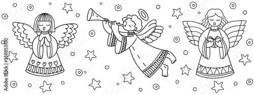 Angels singing canons and playing trumlet. Hand drawn illustration.