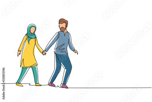 Continuous one line drawing happy Arabian man pulled woman hand. Romantic couple walking on romantic honeymoon promenade holiday. Couple summer vacation. Single line design vector graphic illustration