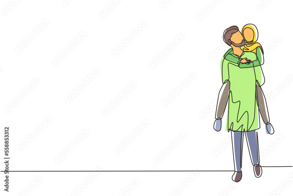 Single one line drawing Arabian man carrying and embracing woman. Happy romantic couple in love. Young couple relationship celebrate wedding anniversary. Continuous line draw design graphic vector Single one line drawing Arabian man carrying and embracing woman. Happy romantic couple in love. Young couple relationship celebrate wedding anniversary. Continuous line draw design graphic vector