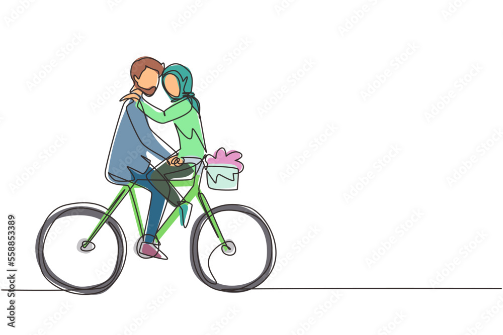 Single one line drawing young Arabian man and woman riding bicycle face to face. Happy romantic couple is riding bicycle together. Happy family. Continuous line draw design graphic vector illustration Single one line drawing young Arabian man and woman riding bicycle face to face. Happy romantic couple is riding bicycle together. Happy family. Continuous line draw design graphic vector illustration