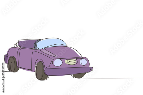 Continuous one line drawing classic retro convertible sports car. Collectors business comfortable cabrio automobile supercar. Vintage motor vehicle. Single line draw design vector graphic illustration