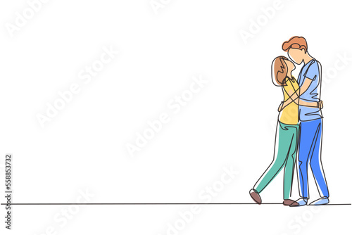Continuous one line drawing dominant relationship. Romantic couple in love kissing and hugging. Happy man and woman celebrating wedding anniversary. Single line draw design vector graphic illustration