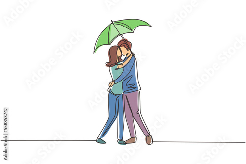 Single continuous line drawing woman and man under umbrella stand in rain and kiss each other. Young couple lovers kissing. Happy boy and girl dating in rainy day. Dynamic one line draw graphic design