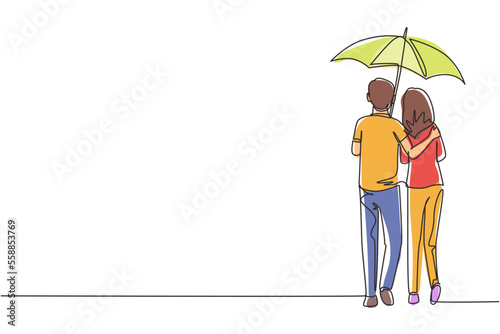 Continuous one line drawing back view lovers couple in rain. Couple in love walking under rain with umbrella. Happy man and woman are walking along city street. Single line draw design vector graphic
