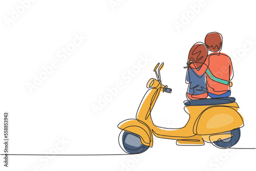 Single one line drawing riders couple trip travel relax. Romantic honeymoon moments with hugging. Cute man with woman riding scooter motorcycle. Continuous line draw design graphic vector illustration
