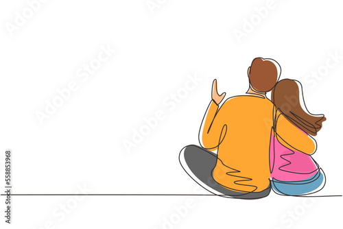 Continuous one line drawing people in love sit hugging and looking at moon and stars. Man and woman enjoying romantic picturesque landscape together. Single line design vector graphic illustration